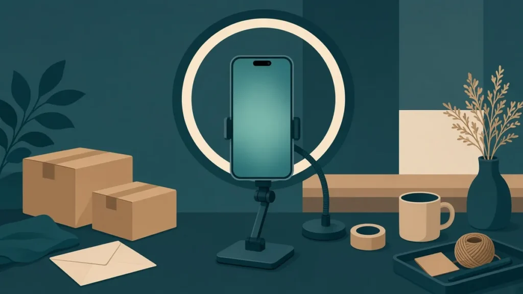 Ilustrasi ponsel di stand ring light di meja seller TikTok Shop dikelilingi paket produk